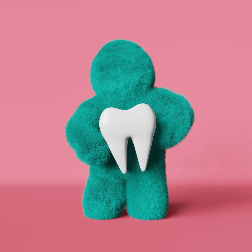 Cute turquoise furry Yeti white healthy tooth Faceless bigfoot. Creative dental clinic advertisiment